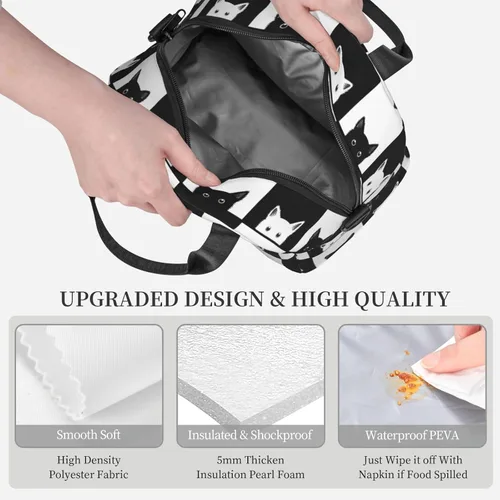 Vista 4 de Bolsa de almuerzo para gatos blancos y negros con correa ajustable para el hombro para mujeres y hombres, lonchera reutilizable, a prueba de fugas
