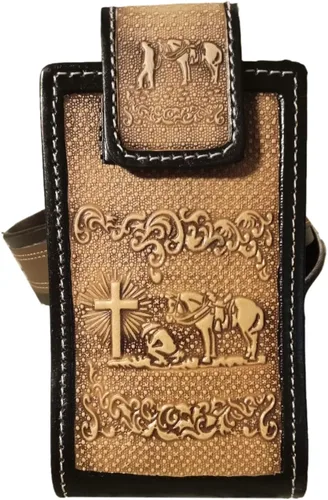 Vista 6 de Western autentic Tooled Leather Mexican Cell Phone Case for Belt. Men and Horse Pray Design. con cierre magnético. Tamaño universal (Capuccino)