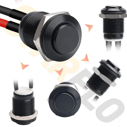 Vista 2 de STARELO 5pcs 0.472 in interruptor de botón momentáneo carcasa negra con pre-cableado, IP65 impermeable interruptor de botón, aleación de aluminio 1