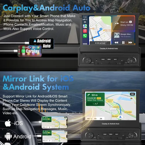 Vista 3 de [Motorizado] Y-METDRIVING estéreo de coche de un solo DIN de 7 pulgadas con pantalla táctil abatible con Apple Carplay inalámbrico y Android Auto