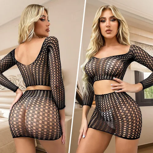 Vista 2 de RechicGu 3 Pieces Sexy Mesh Lingerie for Women Black Fishnet Bodysuit Sheer Mini Teddy Babydoll Chemise Dress