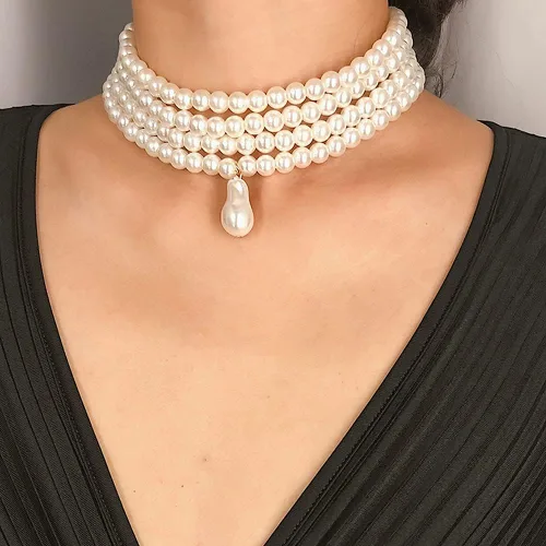 Vista 2 de Wiwpar Gargantilla de perlas de imitación redonda, collar vintage con colgante de perlas de múltiples hebras, collar de los años 20 para mujer
