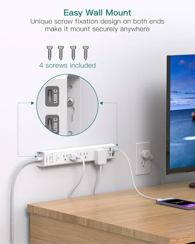 Vista 6 de 2 paquetes de tira de alimentación con protector de sobretensión - 5 salidas ampliamente espaciadas 4 puertos USB, cable de extensión de 5 pies
