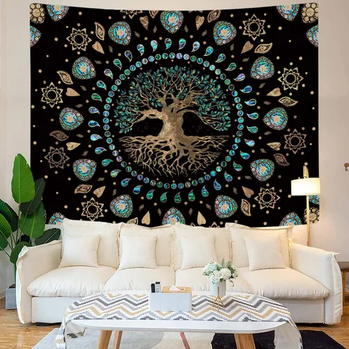 Vista 5 de Tapiz de árbol de la vida para dormitorio, tapiz de mandala hippie estético, naturaleza espiritual, tapices de árbol de abulón y dorado, tapiz