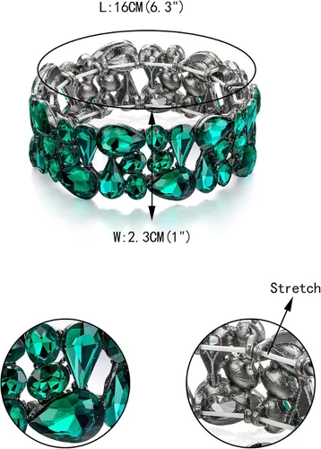 Vista 4 de EVER FAITH Pulsera elástica de cristal con forma de lágrima ovalada para mujer, estilo Art Déco, para novia