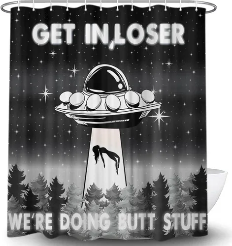 Vista 17 de MERCHR Funny UFO Shower Curtain for Bathroom, Unique Fun Alien Blue Space Starry Sky Forest Fabric Shower Curtains Set, Weird Restroom Decor