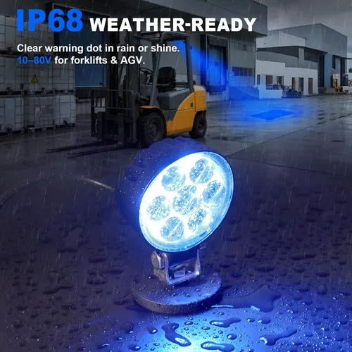 Vista 2 de Luz LED de seguridad para carretilla elevadora, luz azul con montaje magnético, voltaje ancho DC10-80V, impermeable IP68, carcasa de aluminio