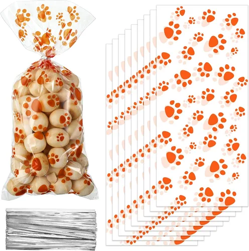 Vista 15 de Blulu 100 bolsas de golosinas para perros, recuerdos de fiesta para cachorros, bolsas de celofán con cono de pata de mascota, dulces sellables por