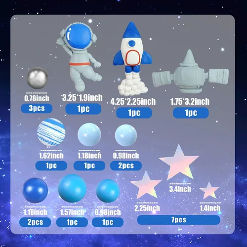 Vista 2 de Decoración para tartas espaciales de arcilla: figuras de astronauta, bolas de cohete, estrellas, decoraciones temáticas de espacio para niños