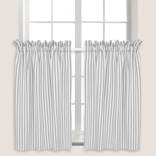 Vista 2 de Juego de 2 cortinas de algodón tejido a rayas grises y blancas de aleación, 28 pulgadas de ancho x 24 pulgadas de largo, color gris y blanco