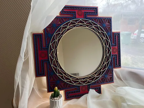 Vista 2 de BHDecor Espejo para decoración de pared para el hogar, marco tallado con láser de varias capas, elegante mandala de madera para colgar, paneles