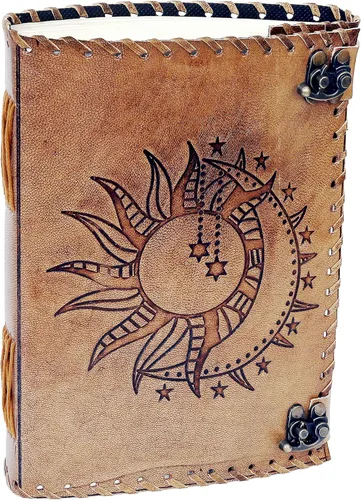Vista 8 de Diario en relieve de Sun & Moon, diario de 240 páginas, diario vintage, diario Sun Moon, cuaderno de bocetos de cuero, cuaderno de cuero, diario