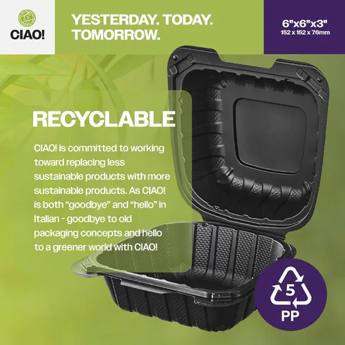 Vista 3 de CIAO! Contenedor negro con bisagras MFPP de 6"x6"x3" con tapa, 1 compartimento (caja de 300)