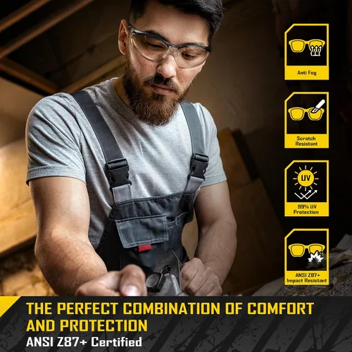 Vista 3 de COOLJOB Gafas de seguridad antivaho con lente transparente antiarañazos, ANSI Z87.1. Gafas de protección contra impactos y UV con tapones de oído