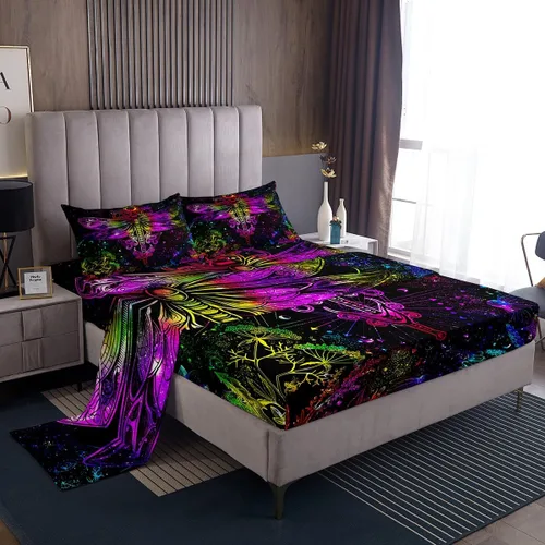Vista 25 de Erosebridal Juego de sábanas tamaño individual con estampado de luna, diseño de flores de loto, color morado degradado, juego de sábanas orientales
