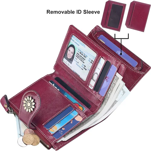 Vista 2 de Lavemi Cartera de cuero para mujer, pequeña, compacta, con bloqueo RFID, con bolsillo con cremallera