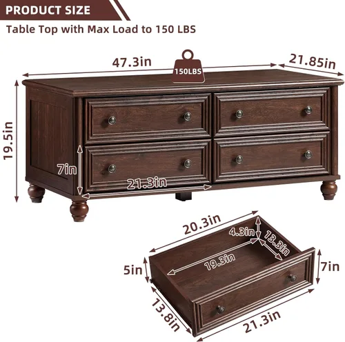 Vista 2 de RWYHG - Mesa de centro de granja de 48 pulgadas con almacenamiento oculto, mesas de café de madera con 4 cajones y manija de columna romana, mesa