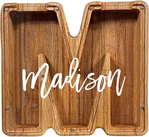 Vista 24 de Alcancía de madera grande personalizada, 7.5 pulgadas, con ventana acrílica fácil de abrir, caja de ahorro de dinero inicial para niños y niñas