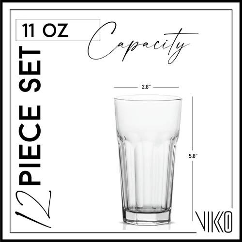 Vista 2 de Vikko Vasos para beber, vasos de vidrio grandes de 11 onzas, juego de 12 vasos de agua duraderos, vasos de agua apilables, vasos de base pesada