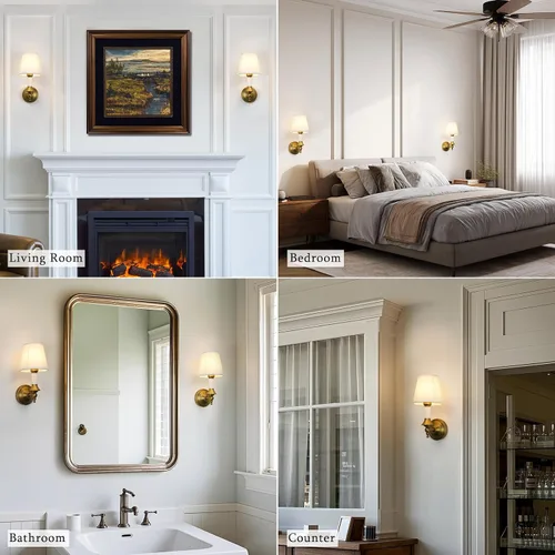 Vista 9 de PERMO Juego de 2 apliques de pared clásicos antiguos con forma de embudo con pantalla textil blanca, lámpara de pared montada en la pared