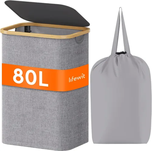 Vista 39 de Lifewit Cesta de lavandería de 80 litros con tapa, cestas de ropa para lavandería con asas de bambú y una bolsa de lavandería extraíble, cesta Beige