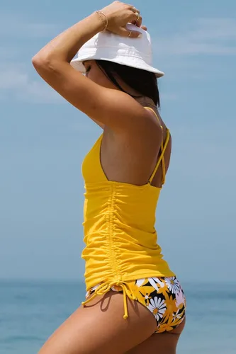 Vista 4 de Beachsissi Traje de baño de dos piezas con control de abdomen para mujer, con cordón lateral, estampado de flores