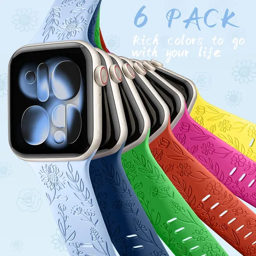 Vista 9 de SNBLK Paquete de 6 correas florales grabadas compatibles con Apple Watch de 40mm 41mm 42mm 38mm 44mm 45mm 46mm 49mm, mujeres y hombres, correa