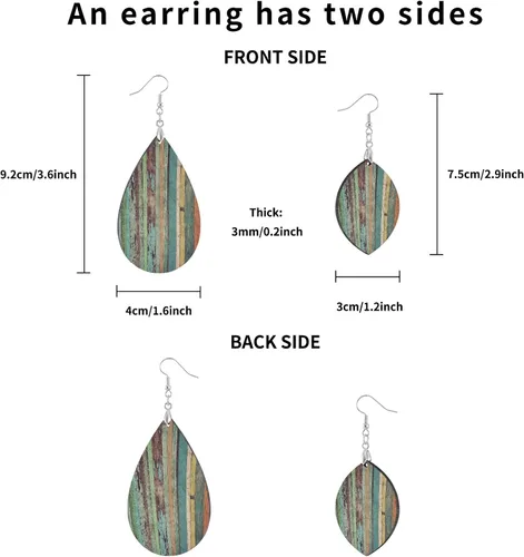 Vista 3 de Aretes de madera vintage para mujeres, adolescentes y niñas, aretes colgantes de lágrima, aretes de hoja de gota, aretes ligeros, juego de joyas