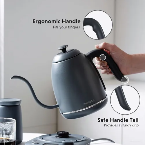 Vista 3 de BUYDEEM K821 - Hervidor eléctrico de cuello de cisne con control de temperatura variable, tetera para verter sobre el café, acero inoxidable 18/8