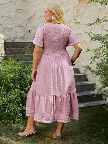 Vista 5 de Glamaker Vestido de Verano Casual de Manga Corta con Cuello Cuadrado Fruncido Talla Grande para Mujer Vestido Midi Suelto Línea A Vestido Largo