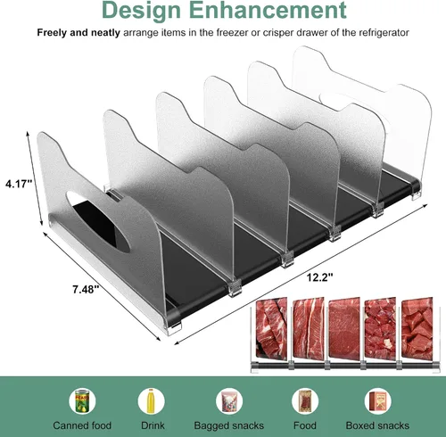 Vista 3 de SURETIVIAN Organizador para Congelador 30 cm Organizador Visible para Refrigerador con Divisores Removibles y Asas, Ajustable, Se Ajusta a Comidas