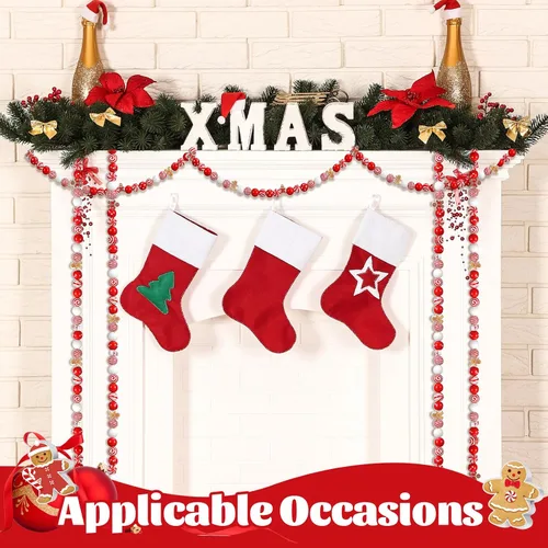 Vista 6 de Misdary 200 piezas de cuentas navideñas para manualidades, cuentas navideñas de madera, rojas y blancas, caramelo de menta, jengibre para joyería