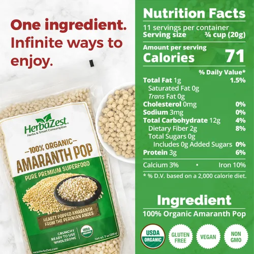 Vista 2 de HerbaZest Amaranth Pop, 8 onzas – USDA Organic, Sin Gluten & Proteína Completa