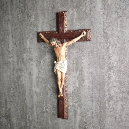 Vista 5 de Crucifijo católico BC de pared, cruz de Jesucristo, regalo religioso devoto, aspecto tallado en madera, 12 pulgadas de alto, pintado a mano por
