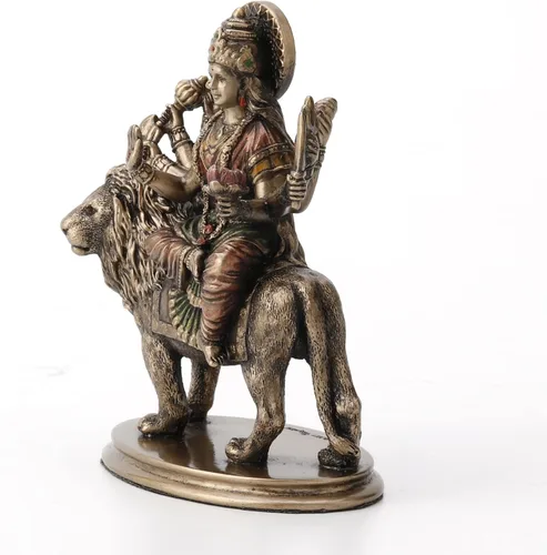 Vista 2 de Veronese Design 3 3/4 "Diosa hindú Durga montando en león en miniatura estatua de resina pintada a mano