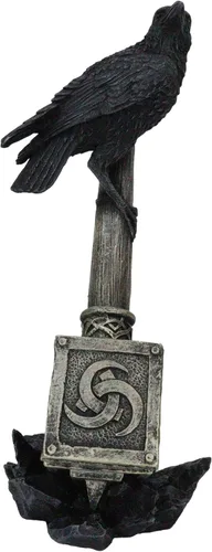 Vista 5 de Ebros Gift Huginn Muninn Odin Raven posado en el martillo de Thor Mjolnir con símbolo de runas y triple cuerno Skaldenmet Figura decorativa nórdica