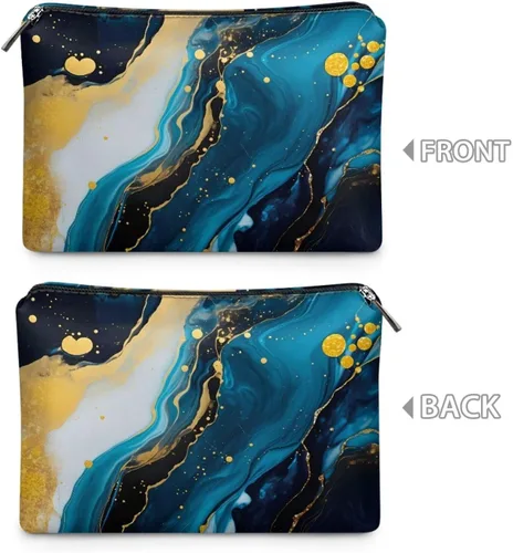 Vista 3 de Flashideas Bolsa de maquillaje portátil de cuero impermeable bolsa de cosméticos embrague maquillaje cepillo bolsa, Estampado De Mármol Azul 1
