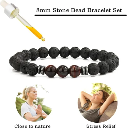 Vista 3 de MengPa - Pulseras de cuentas con cuentas de piedra volcánica mate y roca de lava, elástica, para hombre y mujer