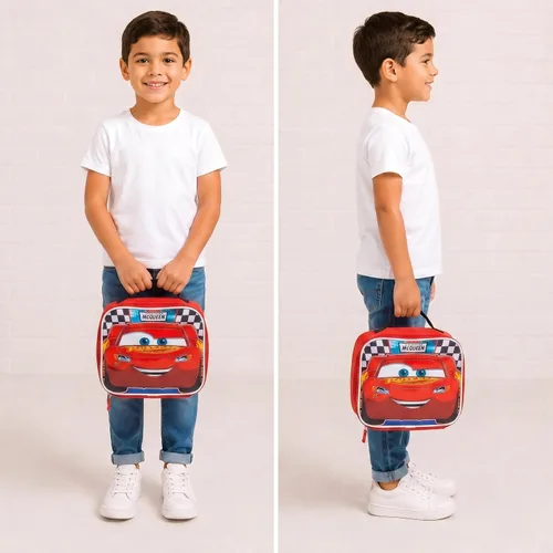 Vista 2 de Fast Forward Cars Lightning McQueen Bolsa de almuerzo aislada para niños Rojo(Cars Red)