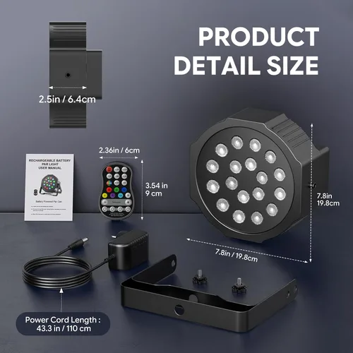 Vista 9 de U`King Luces LED Par de luces inalámbricas alimentadas por batería para eventos 18W RGB luz de iluminación de escenario recargable 20 horas por