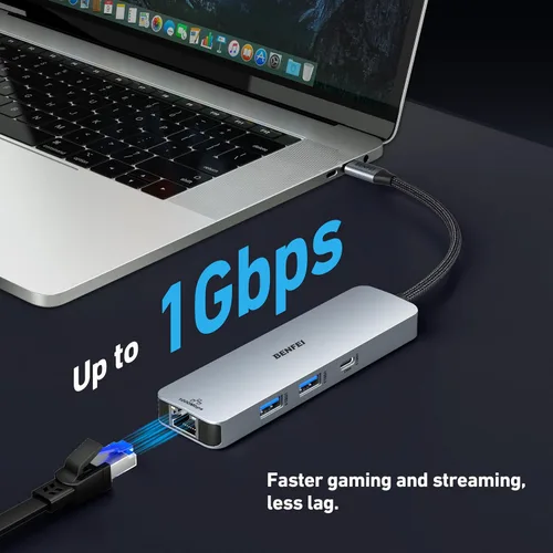 Vista 6 de BENFEI Hub USB C 6 en 1 con HDMI (4K a 60 Hz), 2 USB-A, 1 USB-C Datos, carga de 100 W, Gigabit Ethernet, cable de silicona sin enredos compatible