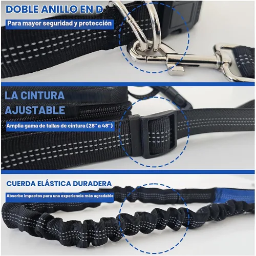 Vista 3 de Correa para perro manos libres con cinturón y bolsa grande con cremallera, correa de cintura para pasear perros, correr y senderismo, costuras Negro