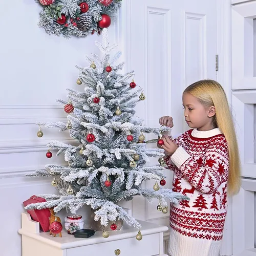 Vista 2 de Árbol de Navidad Artificial Prelit Flocado, Árbol de Navidad Artificial Pequeño con Luces LED, Árbol de Navidad LED Escarchado con Nieve