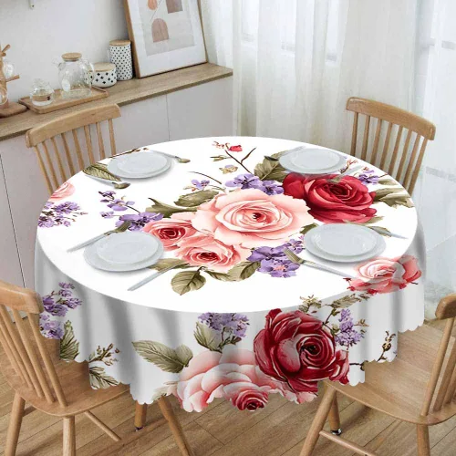 Vista 2 de IBILIU Mantel redondo con diseño floral de rosas, flores de acuarela, flores rosas, flores moradas, mantel circular decorativo para cocina