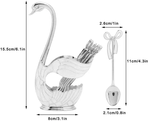 Vista 2 de Juego de cucharas de postre de café de metal con soporte, cisne para cucharas, base de cubiertos de frutas, organizador de 6 piezas de helado