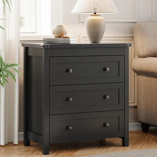 Vista 4 de Cómoda para dormitorio con 3 cajones, cajones pequeños de 27.55" de ancho, cómoda de madera estilo granja, mesita de noche, gabinete de cabecera