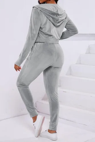 Vista 2 de PINSV Conjunto de 2 piezas de terciopelo para mujer, sudadera con capucha y cremallera para correr, conjunto de entrenamiento