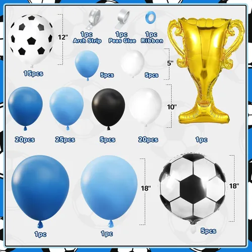 Vista 2 de Kit de arco de guirnalda de globos de fútbol, 103 globos de 18, 12, 10 y 5 pulgadas, globos de copa de fútbol azul y blanco con globos de papel
