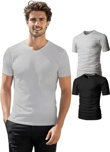 Vista 20 de H2H Camisetas para hombre - Pack de varias unidades, diseño simple, manga corta, ajuste delgado, mezcla de algodón (cuello en V/cuello redondo)