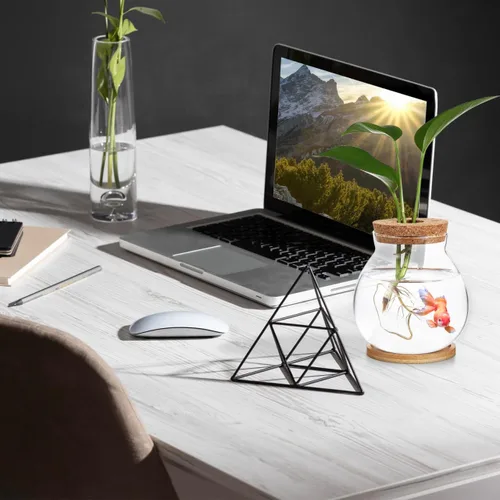 Vista 5 de Balacoo Pescadera hidropónica de escritorio, pecera de vidrio transparente con cojín de bambú y tapa de madera, pequeñas plantas de peces betta